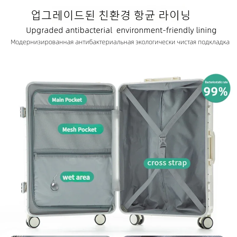 New Fashion Rolling Luggage Aluminum Frame Multifunctional Opening Front PC Suitcase on Wheels Trolley Case USB Charging