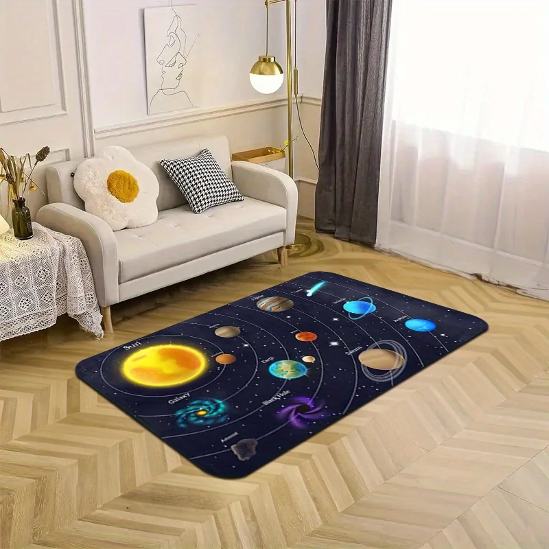 [1pc Solar System Galaxy Rug] 1pc Solar System Galaxy Flannel Area Rug, 1cm Thick Sponge, Machine Washable Polyester