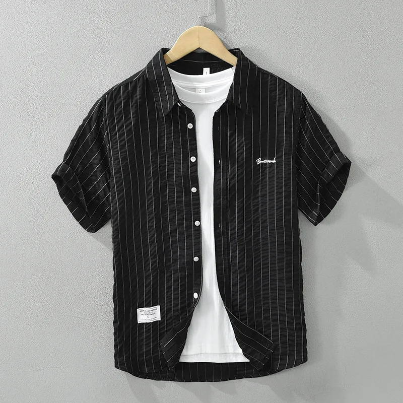 Camisa de manga corta a rayas para hombre, camisas informales con cuello vuelto, ropa de moda con bordado de letras, novedad de verano 2024