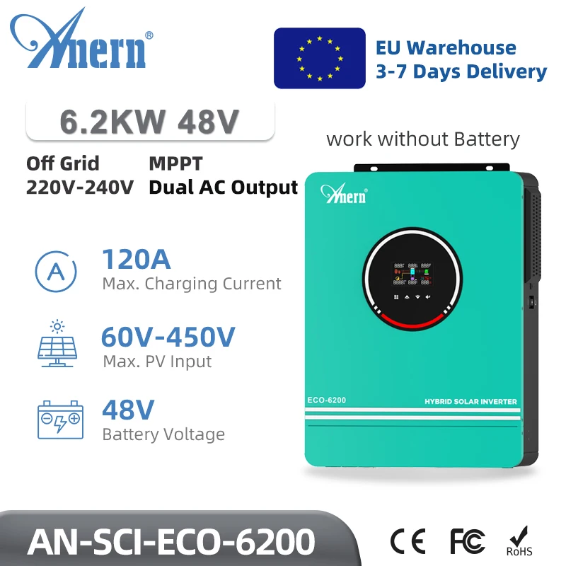 Anern 6.2KW 4.2KW Hybrid Solar Inverter 24V 48V 230V Off Grid Pure Sine Wave Inverter Max PV Input 500vdc with MPPT 120A Charger