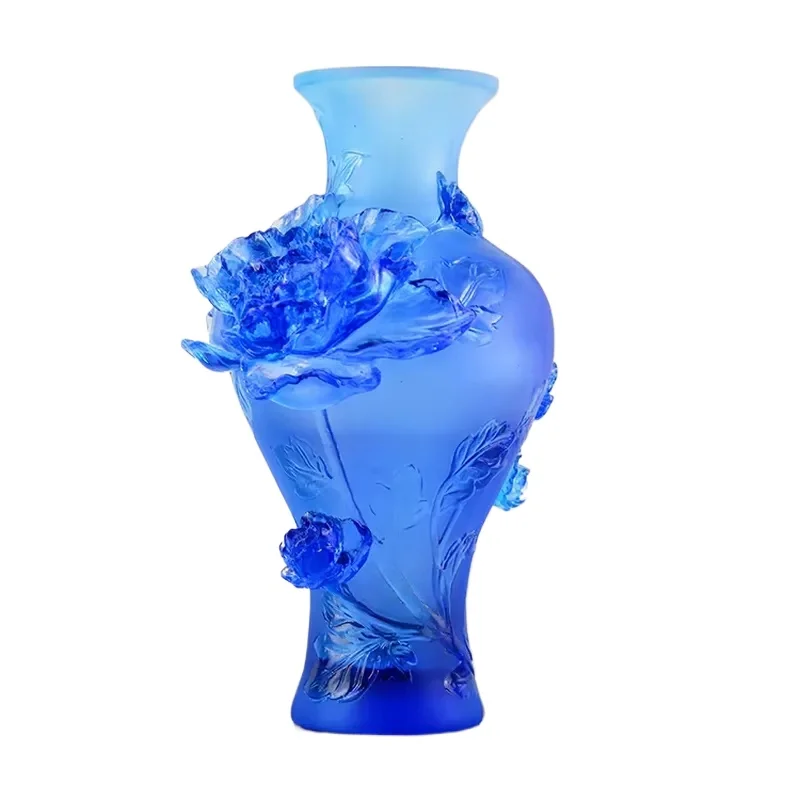 for Cheap Tall Crystal Vase Wholesale Handmade Folk Art Asian Zen Design Colored Blue Desktop Lunar New Year Gift