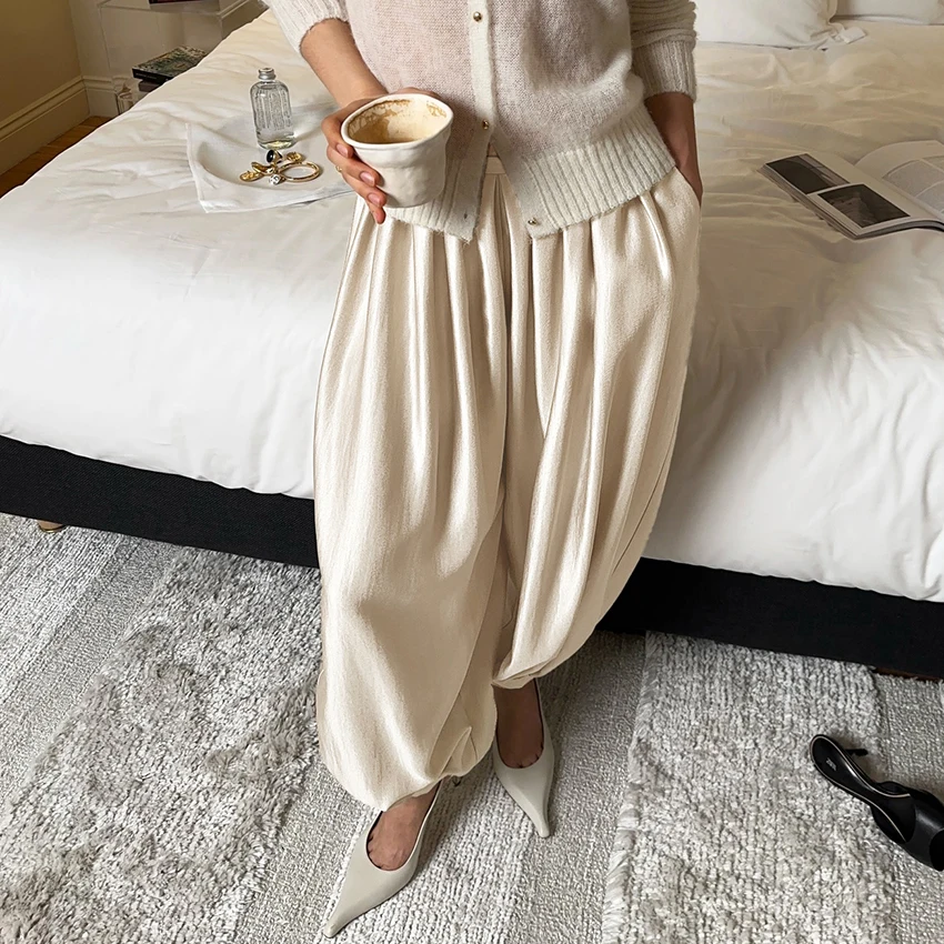 

Linad Elegant Khaki Loose Lantern Pants For Woman 2026 Vintage High Waist Long Pant Women Summer Casual Black Trousers Female