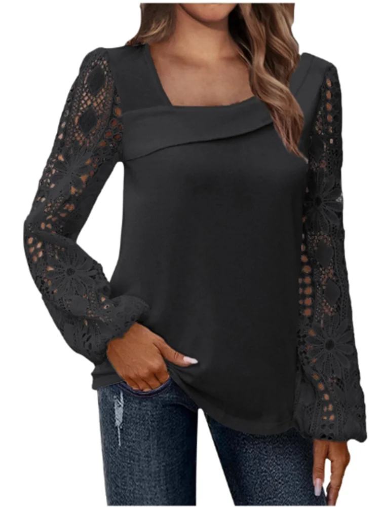 Lace Printed Long Sleeved Solid Color Slant Neck Women's T-shirt Elegant Versatile Daily Commuting Style Spring Top