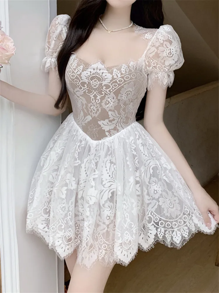 

Vintage Party Chic Mesh Print Summer Sexy Dresses for Women Elegant 2022 Lace Floral Boho Runway Embroidery Short Sleeve A-Line