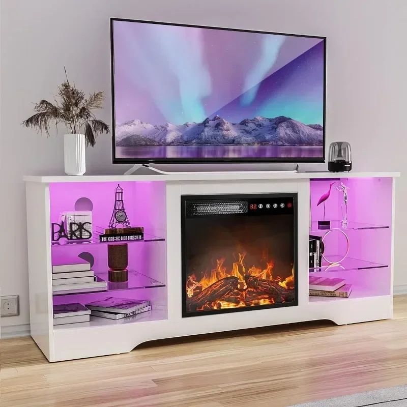 TV Stand with 18''-Fireplace, Modern Entertainment Center for TVs up to 70 inch, Media TV Console with Adjustable Glass Shelves