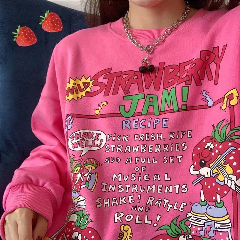 2021 New Harajuku Retro Top Strawberry Print Hoodie Women Loose Streetwear Sweatshirt Retro Oversized Pullover tshirts dropship