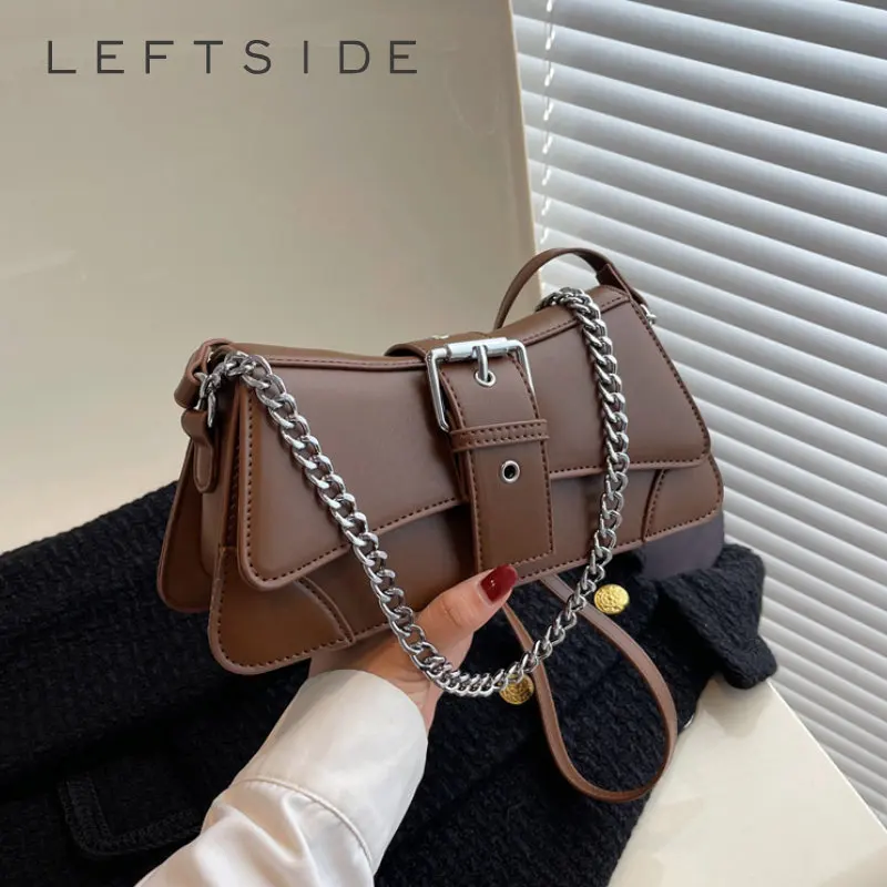 Solid color Chain Shoulder Bag for Women Small PU Leather Handbags 2023 Vintage Luxury Brand Lady Crossbody Bag Coffee Black