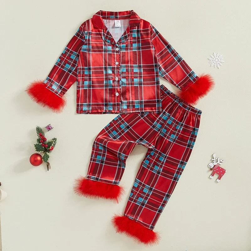 Toddler Kids Baby Girl Christmas Pajamas Sets Satin Santa Claus/Plaid Print Long Sleeve Feather Trim Shirts Pants Sleepwear