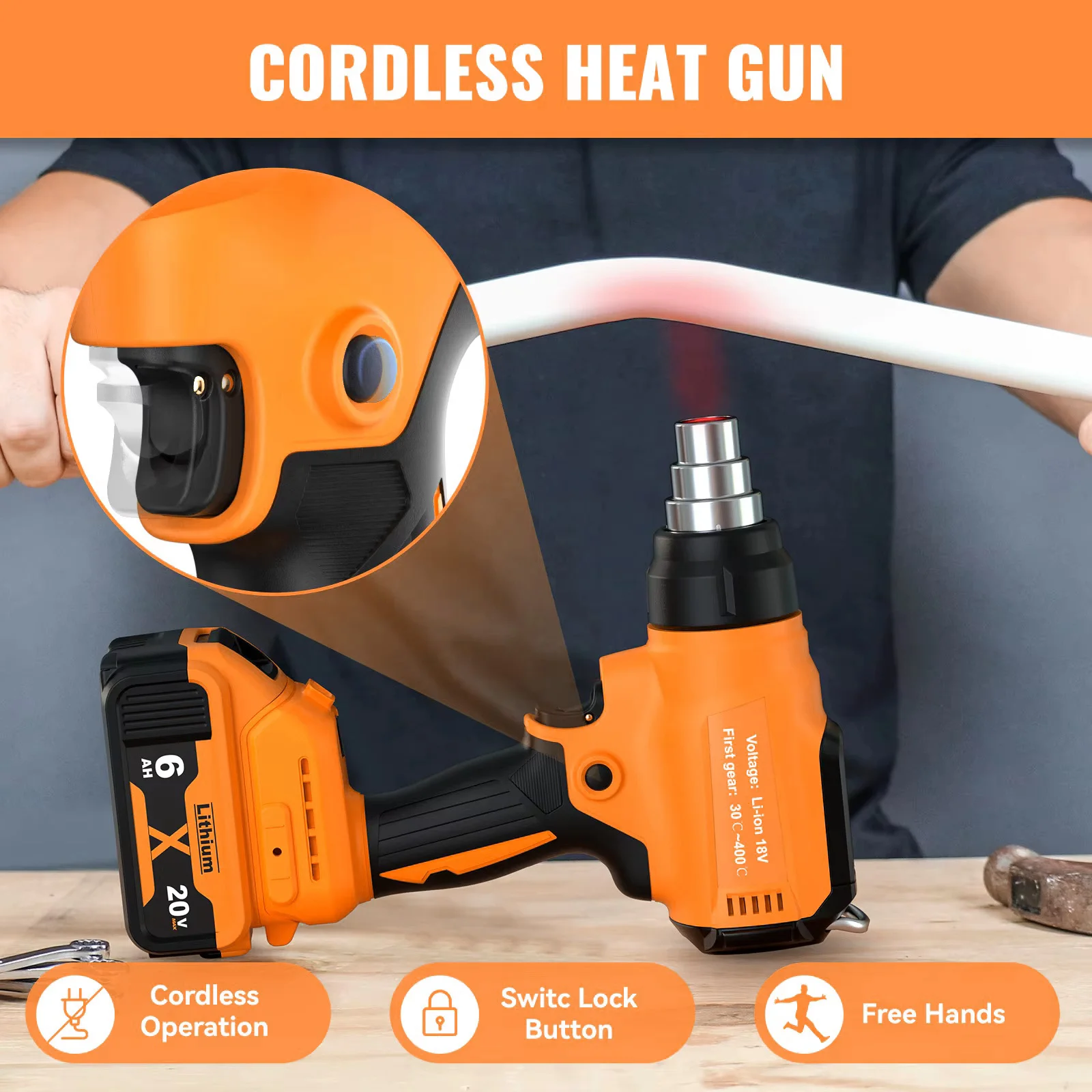BATTOOL Cordless Hot Air Gun For Dewalt 20V DCB200 Battery 350W Rated 990°F Heavy Duty Hot Air Gun Kit Shrink Wraping Power Tool