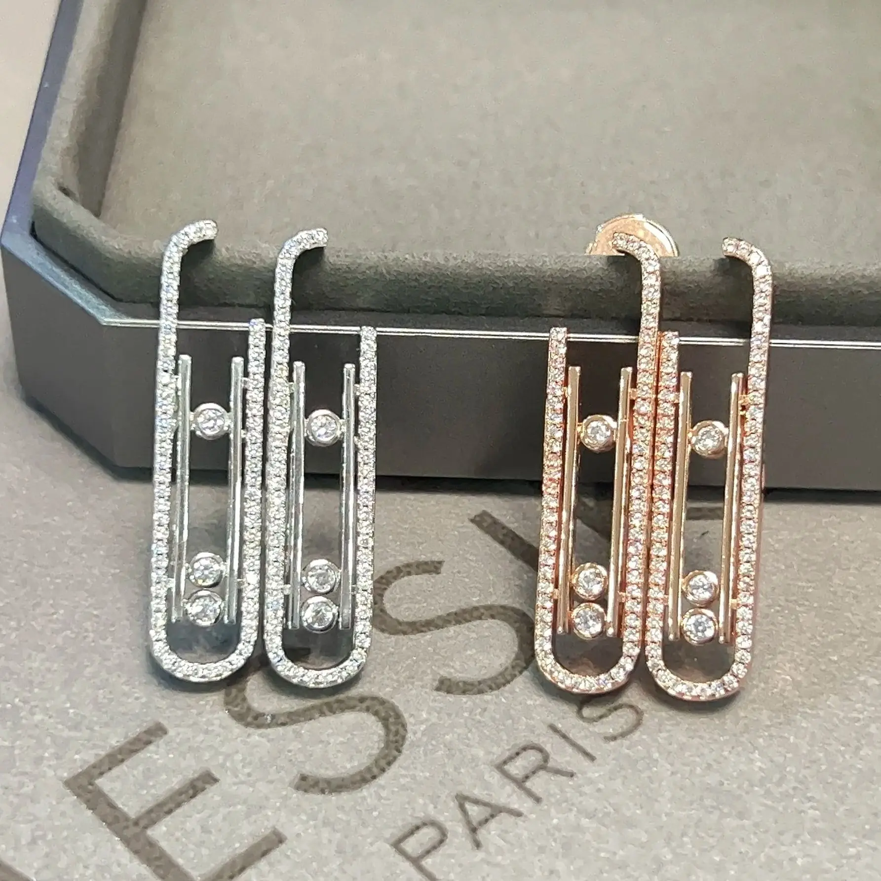 Pure silver s925 luxury brand design messik style MOVE 10TH series sliding diamond three diamond earrings for women