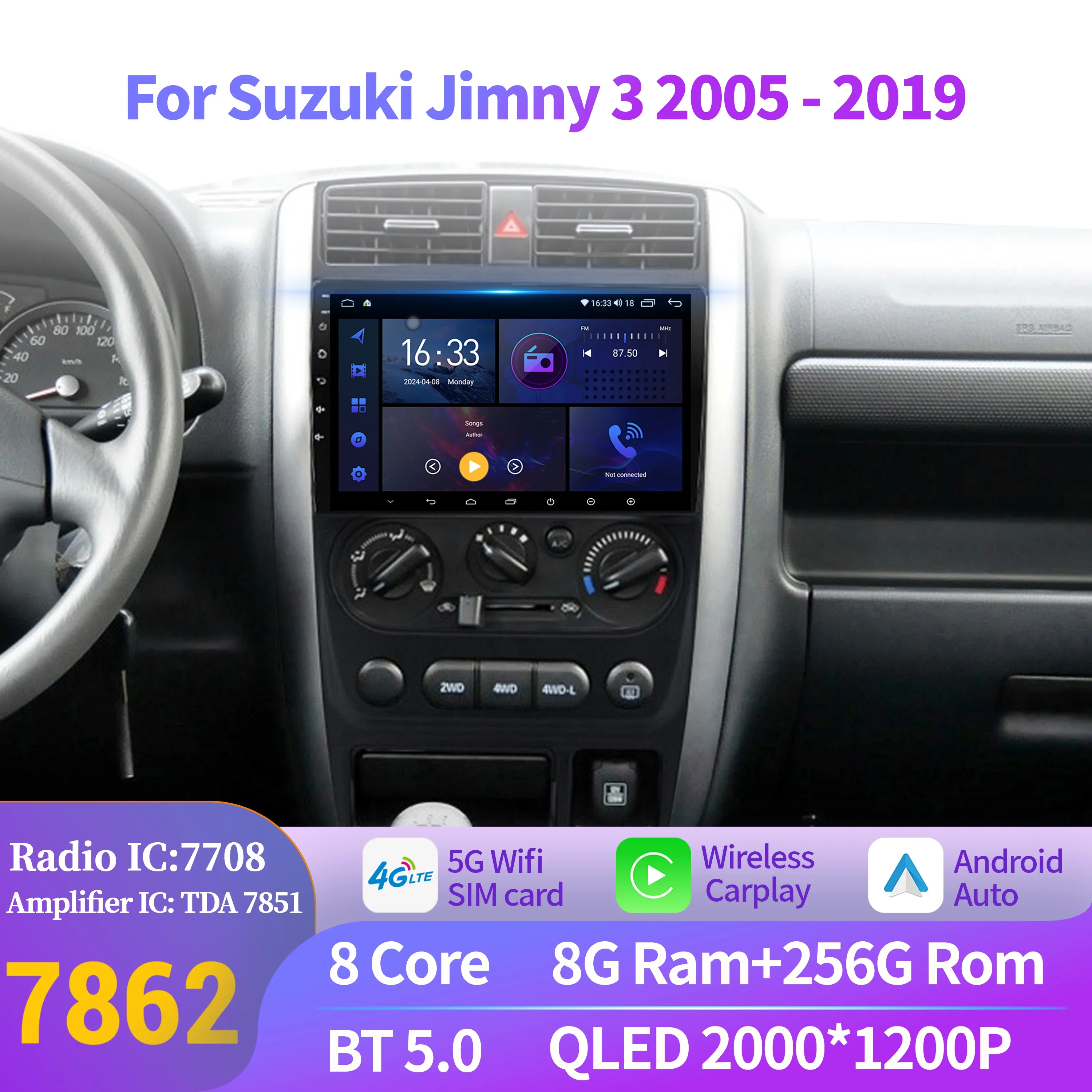 

Автомобильный радиоприемник для Suzuki Jimny 3 2005-2019, мультимедийный Android 14, беспроводной BT CarPlay навигация 7862S, 8G, 256G, 2K, QLED, стерео экран