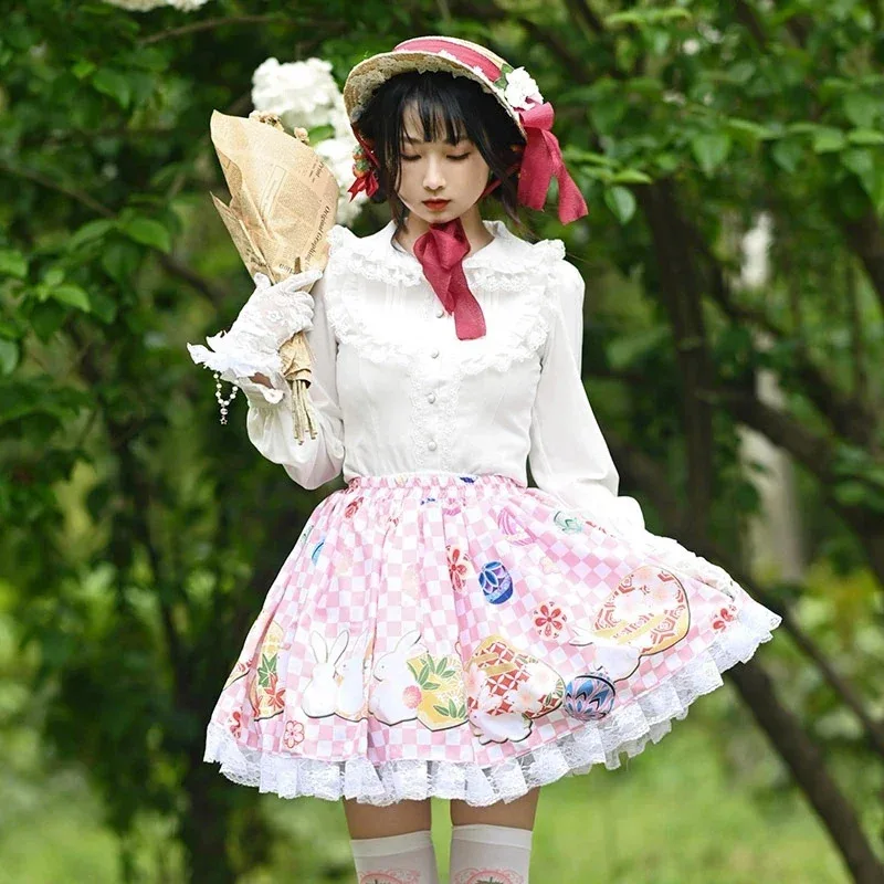 

Ainclu, японская милая клетчатая юбка с кроликами и кавайными ручными шариками с бантом и принтом для выпускного вечера, повседневная вечеринка, юбка Лолиты, если 3