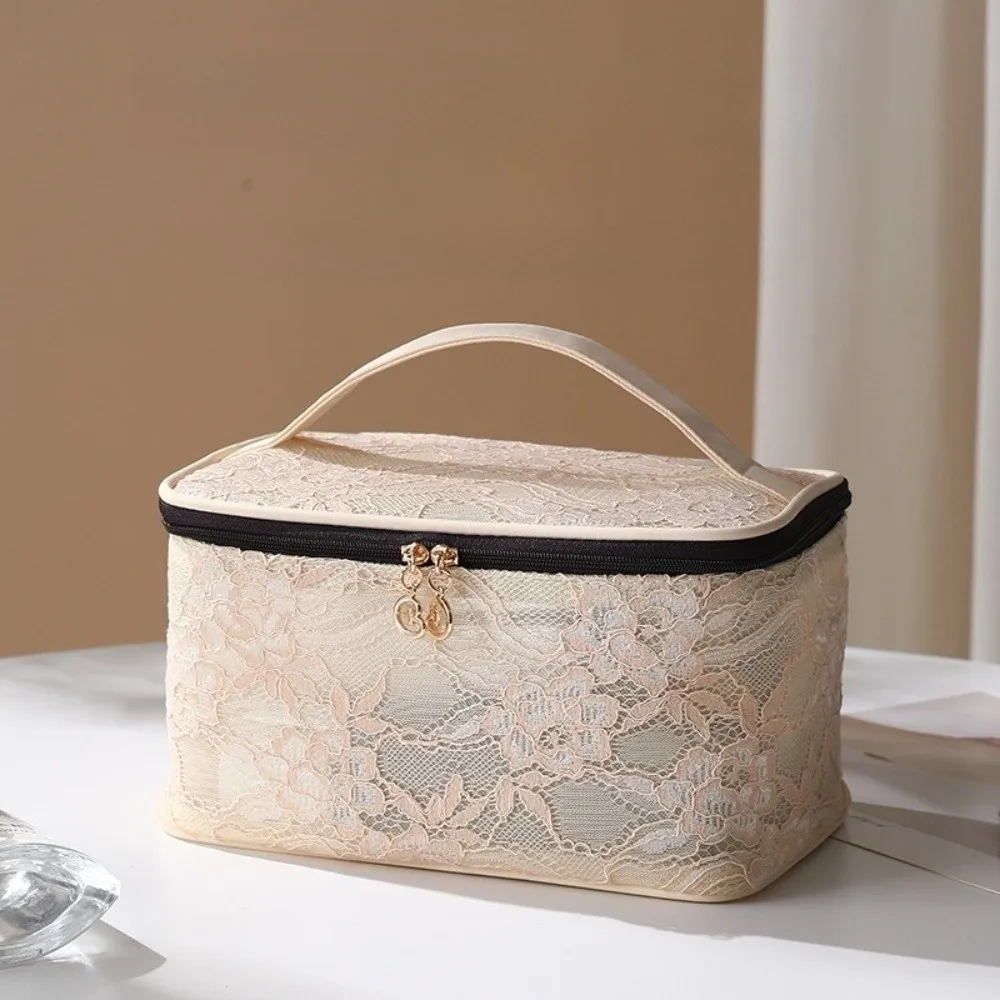 Storage Pouch Solid Color Lace Makeup Bag Large Capacity with Handle Cosmetic Storage Bag Breathable Floral Toilet Bag Women