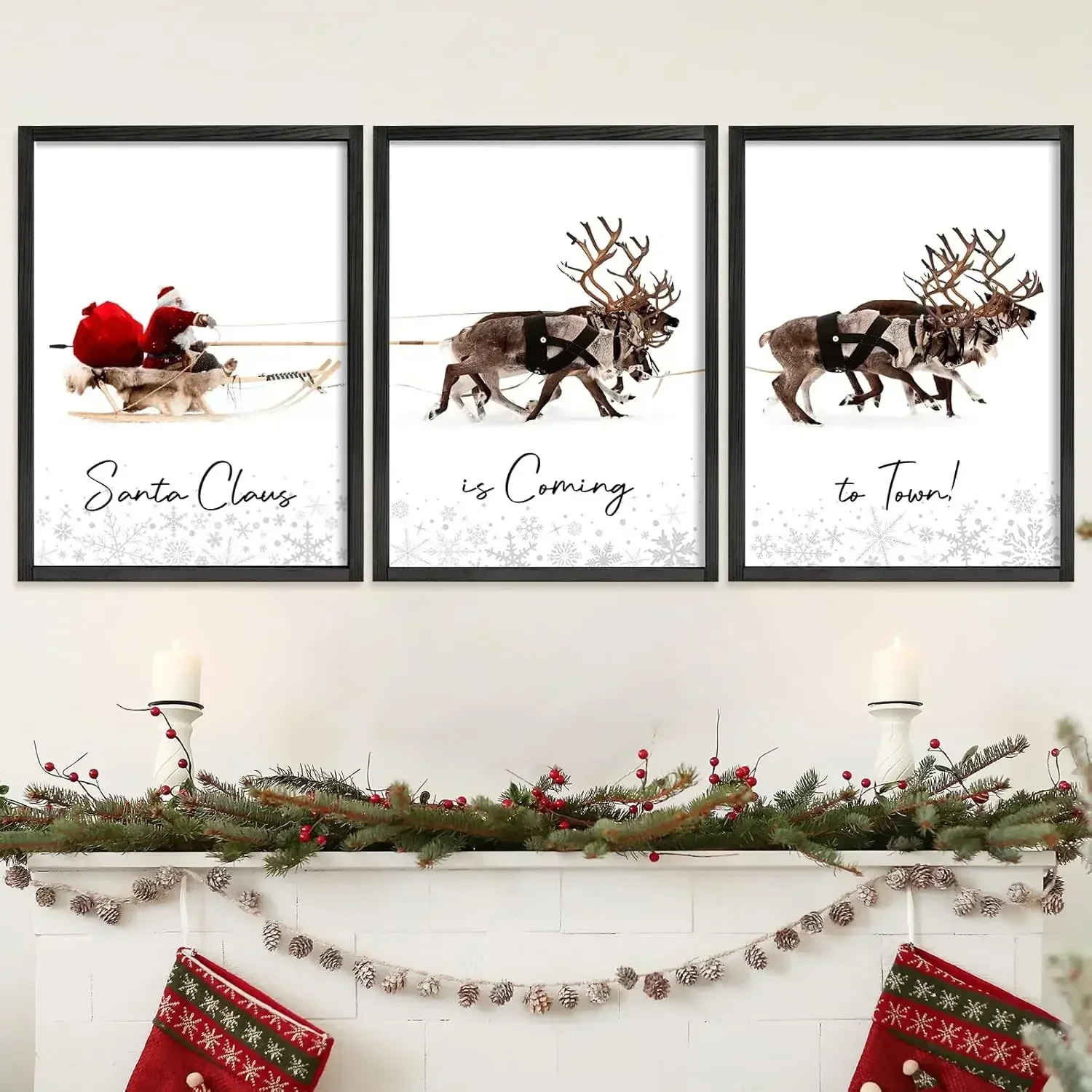 Hot salesExclusive Offer Framed Set of 3 Christmas Wall Art Christmas Santa Claus with Sleigh Deer for Christmas Wall Decor Prin