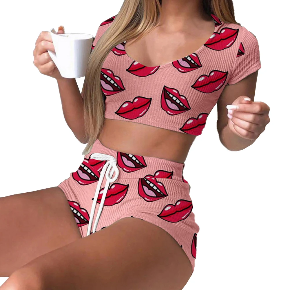 Sleepwear Women Lingerie Set All Season Daily Homewear Lips Print Pajamas Polyester Regular Slightly Stretched Lingerie