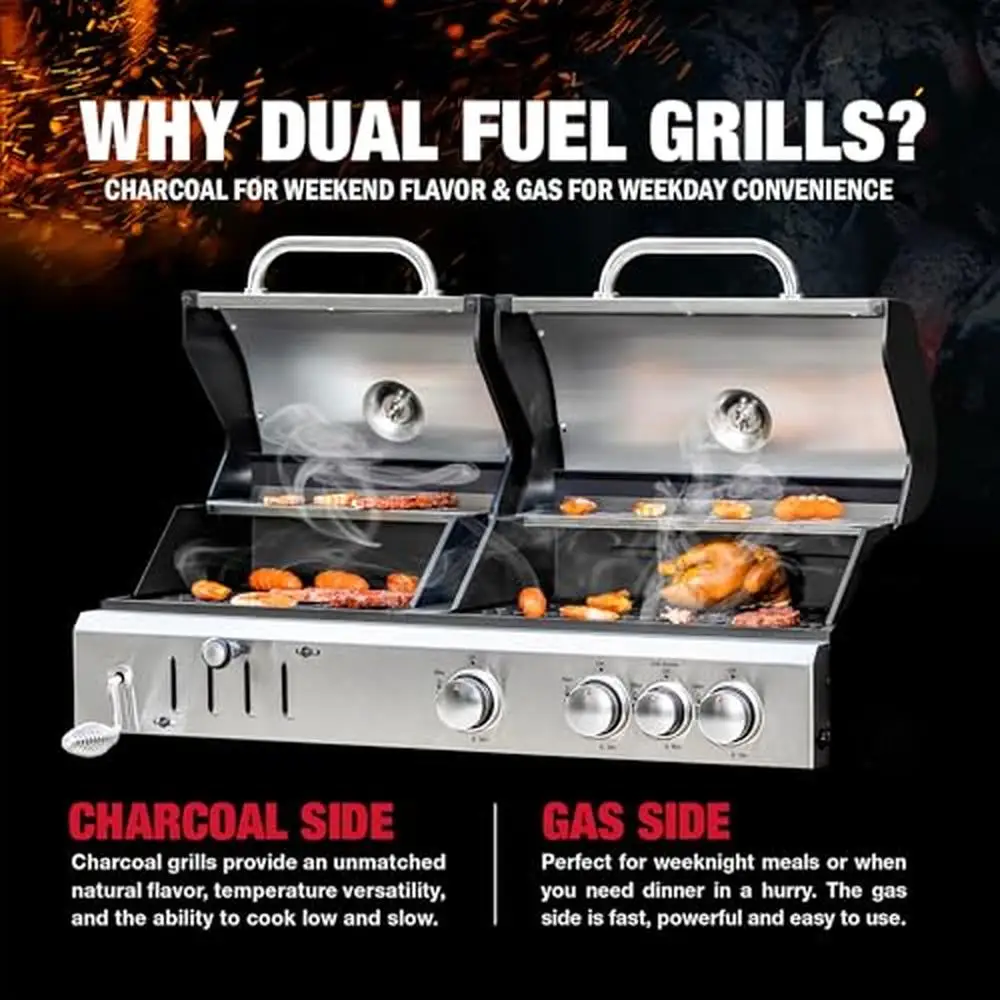 3-Burner Gas & Charcoal Combo Grill with Side Burner 37,000 BTUs 685 SQIN Porcelain-Enameled Grates Heat Control Large Cooking