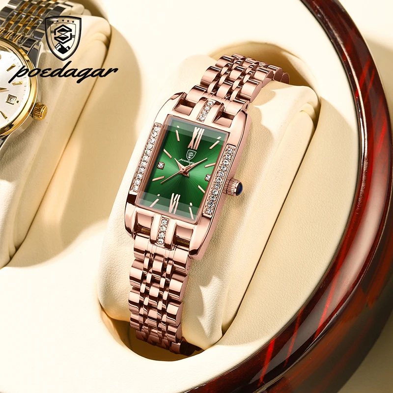 POEDAGAR Green Small Dial Ladies Watches Square Top Luxury Diamond Brand Rose Gold Steel Strap Women Watches Waterproof Bracelet