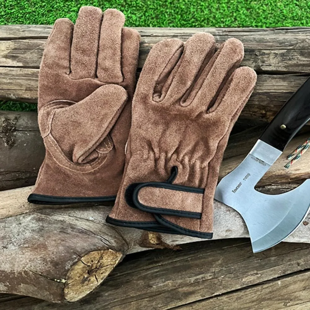 Guantes protectores de piel de vaca para exteriores, antideslizantes, ignífugos, guantes de protección laboral para acampar, soldar, jardinería, levantamiento pesado