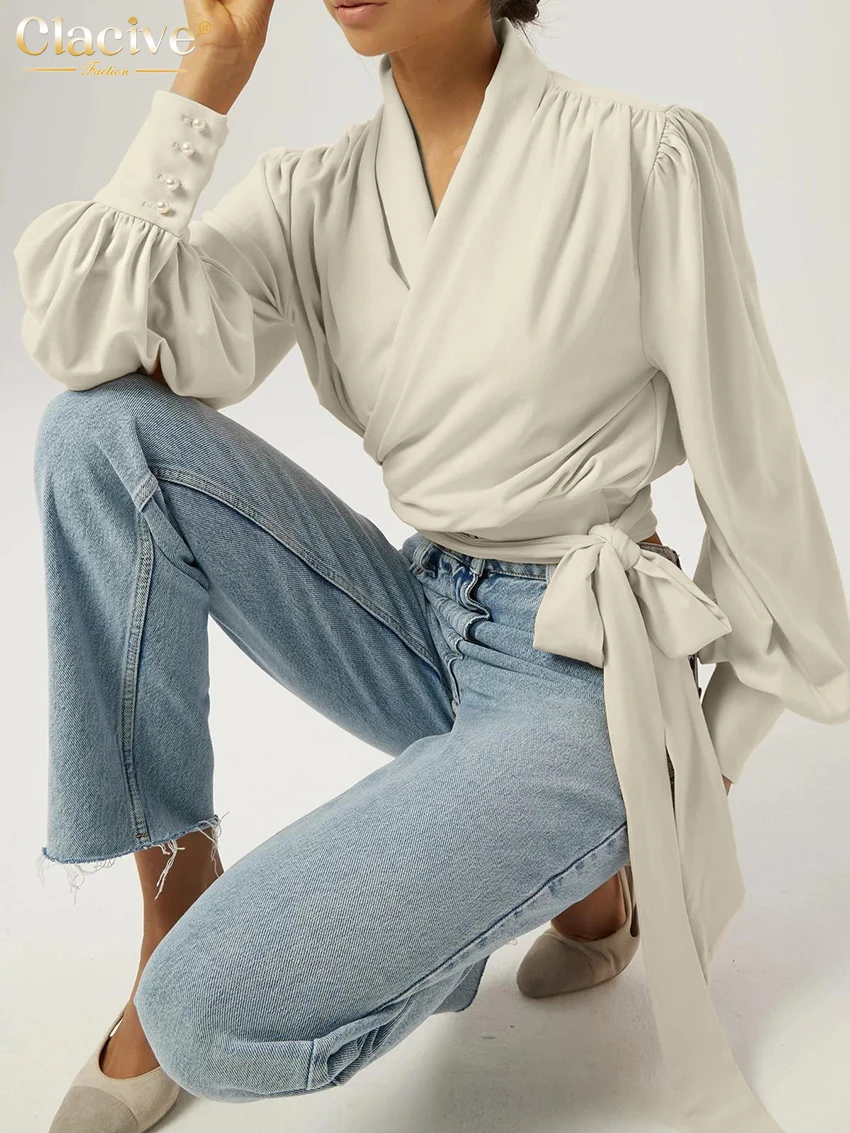 Clacive Fashion Loose Beige Women's Shirt 2026 Spring V-Neck Long Sleeve Shirts Elegant Classic Lace-Up Top Female Clothing