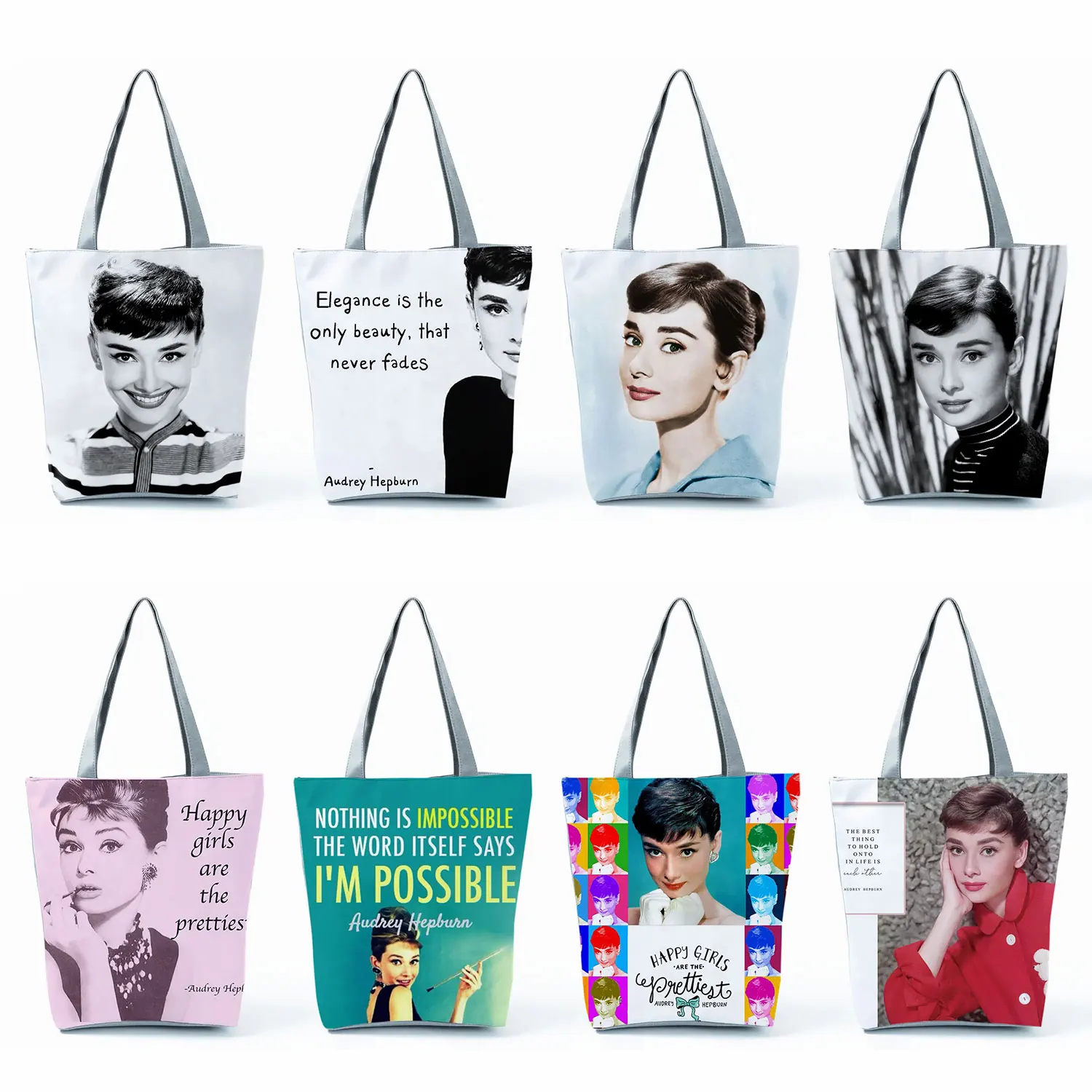 Audrey Hepburn Blowing Bubbles Printed Handbag Classic High Capacity Women Shoulder Bags Portable Eco Reusable Shopping Bags