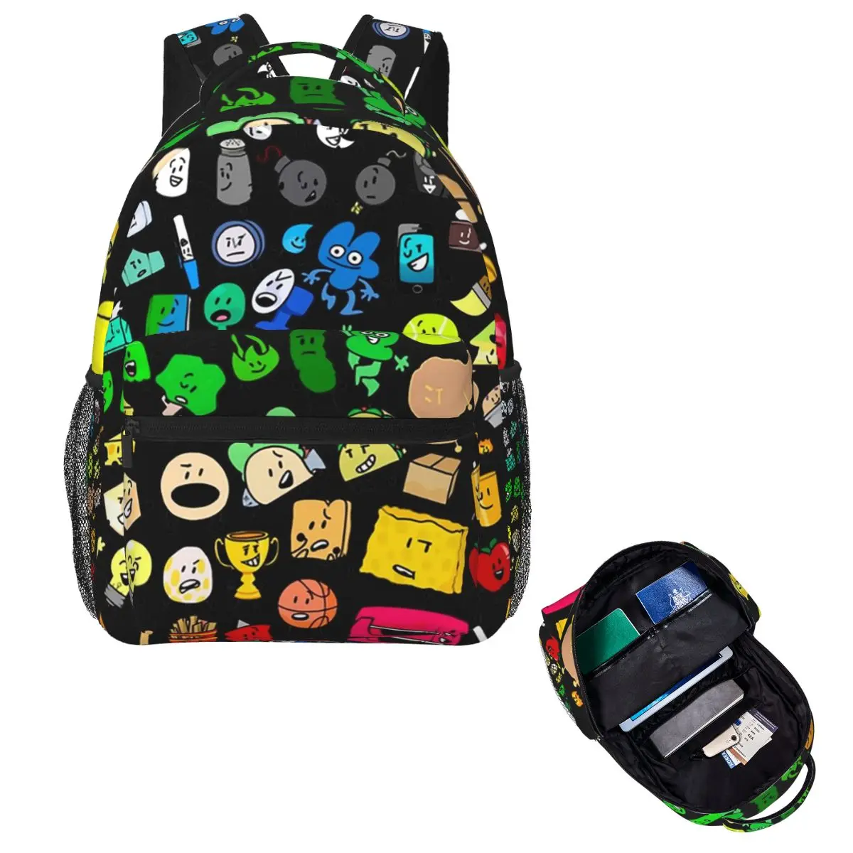 Classic BFDI Inanimate Insanity All Characters (Transparent) Student Backpack Hiking Daypack for Boys Girls Fashion Bookbag