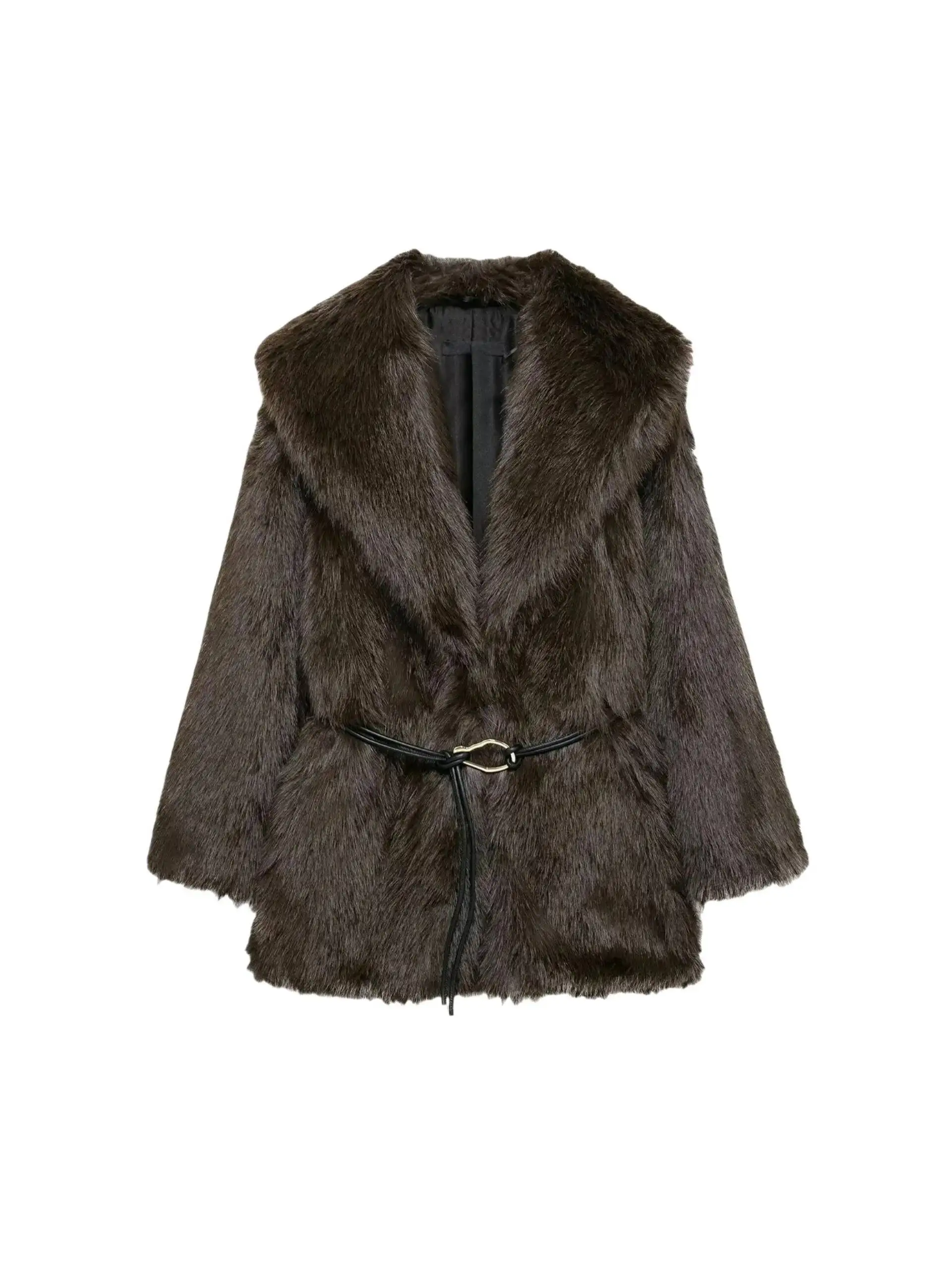 Quente pele do falso feminino novo outono inverno com cinto rua sle solto ajuste longo sve casaco com gola thiened outerwear