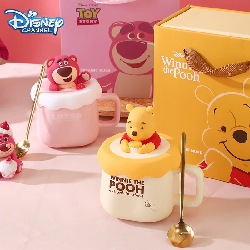 

Disney Winnie The Pooh Ceramic Mugs with Spoon Q Version Pixar Toy Story Lotso Water Cup Coffee Mugs Kids Milk Cups Xmas Gift