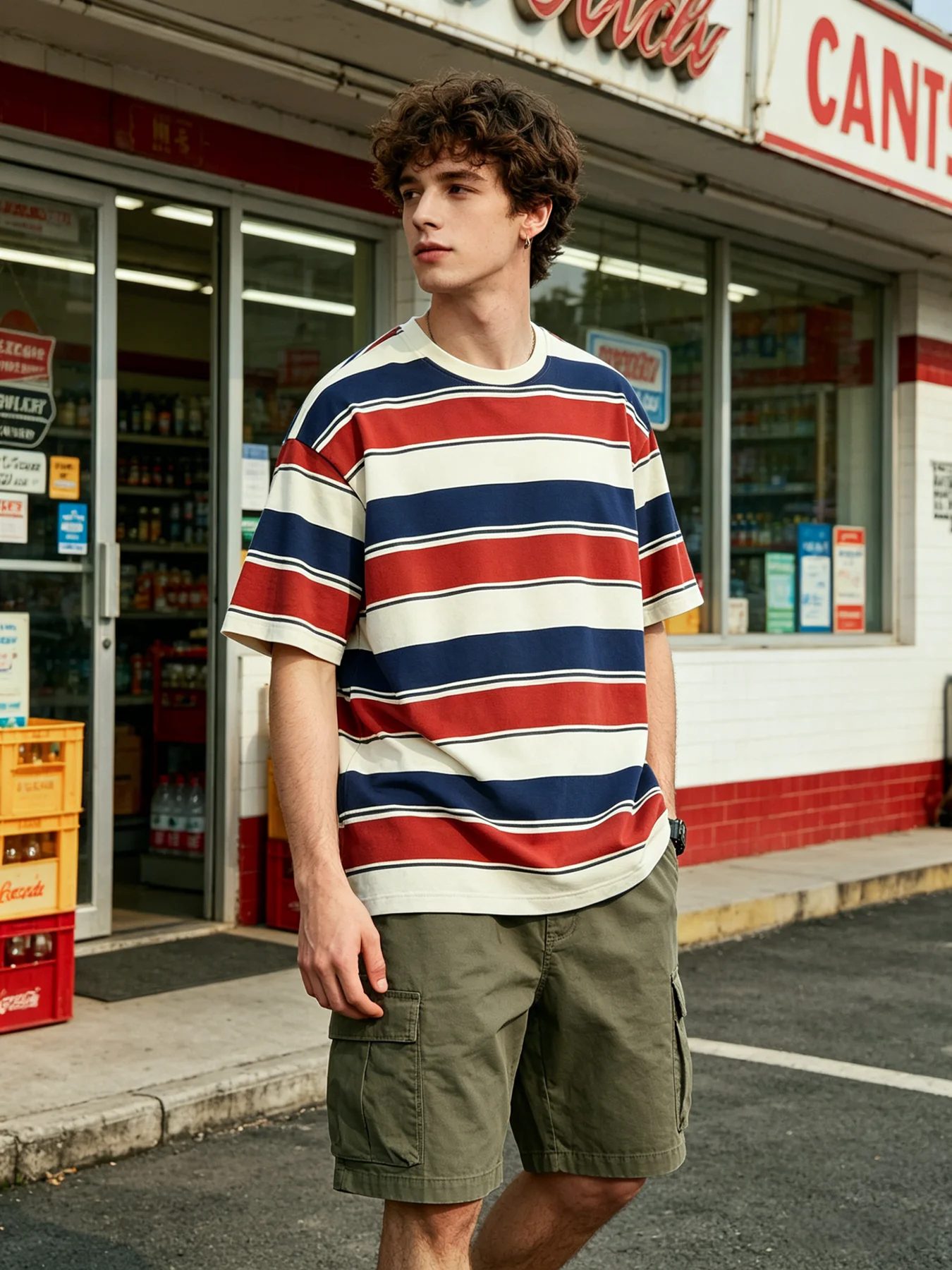 Men's Red, Yellow, and Blue Striped T-Shirt, Short-Sleeved Round Neck Casual T-Shirt, Classic Horizontal Stripe Daily Wear Top