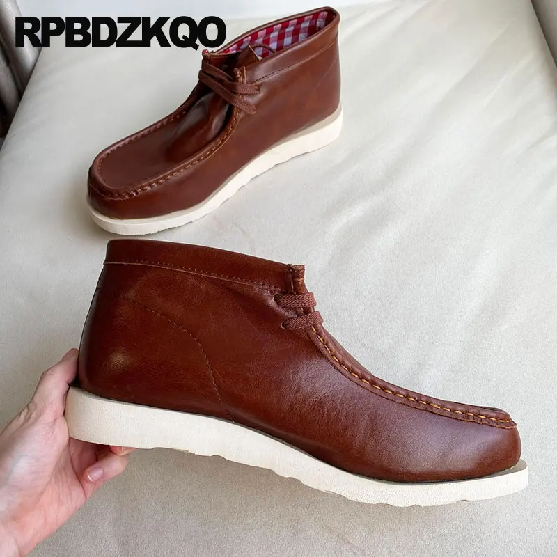 2023 Genuine Leather Booties Short Outdoor Lace Up Autumn Wallabees High Top Fall Full Grain Boots Luxury Big Size Shoes Plus