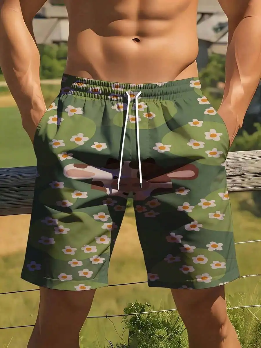 

Green Floral Print Swim Shorts For Men With Drawstring Waist
