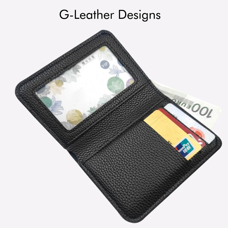 Fashion Short Wallet Card Holder Vegan Pebble Leather Credit Case Thin Black Purse With 5 Card Slots And 1 Bill Slot