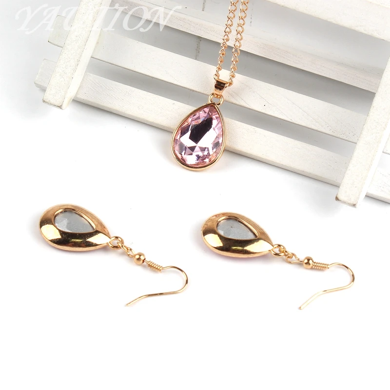 1 set Rose Gold colour Water drop Pendant Necklace & earrings Fashion Jewelry Pink