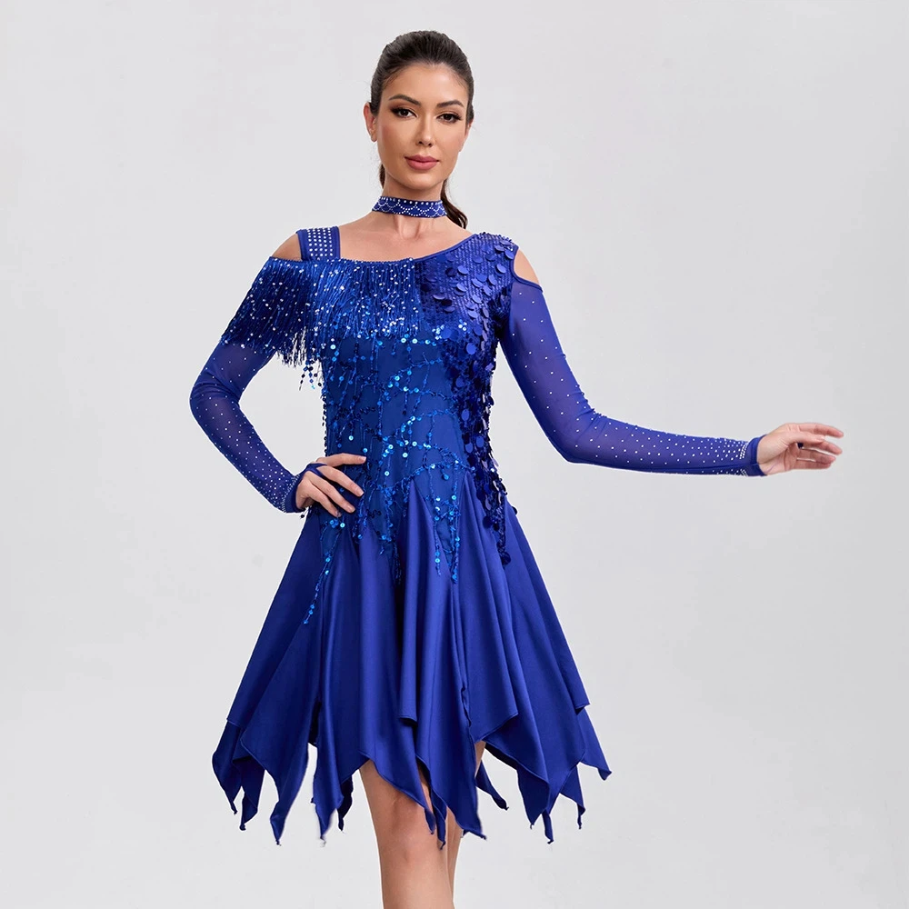 

Платье для латиноамериканских танцев, платье для бальных танцев, профессиональное платье для соревнований, платье с пайетками, длинными рукавами и бахромой