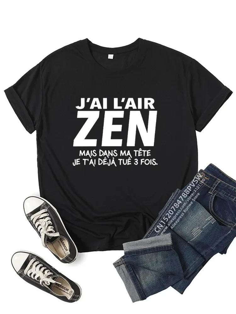 Girls' French Lettering Print T-Shirt, J'Ai l'air Zen mais DANS MA tête Je AI déjá tué 3 Fois, Y2K Harajuku Short Sleeve T-Shirt