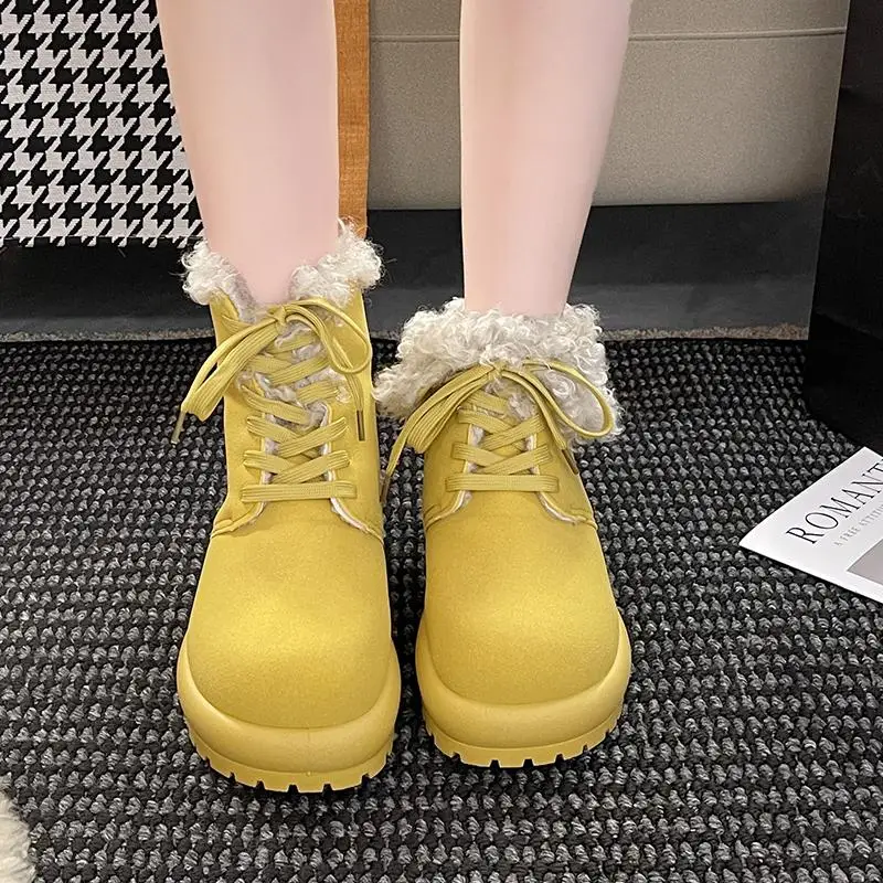Leisure Lace-Up Design Women Snow Boots Winter Faux Suede Long Plush Ankle Boots Women Anti Slip Thick Bottom Mid-Calf Booties