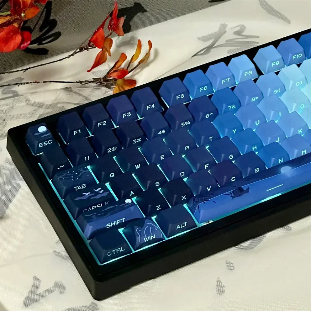 Gradient Blue Side Engraved Translucent 130 Keys Cherry Keycap Set PBT Bright Moon for 60/84/98/108 Mechanical Keyboards