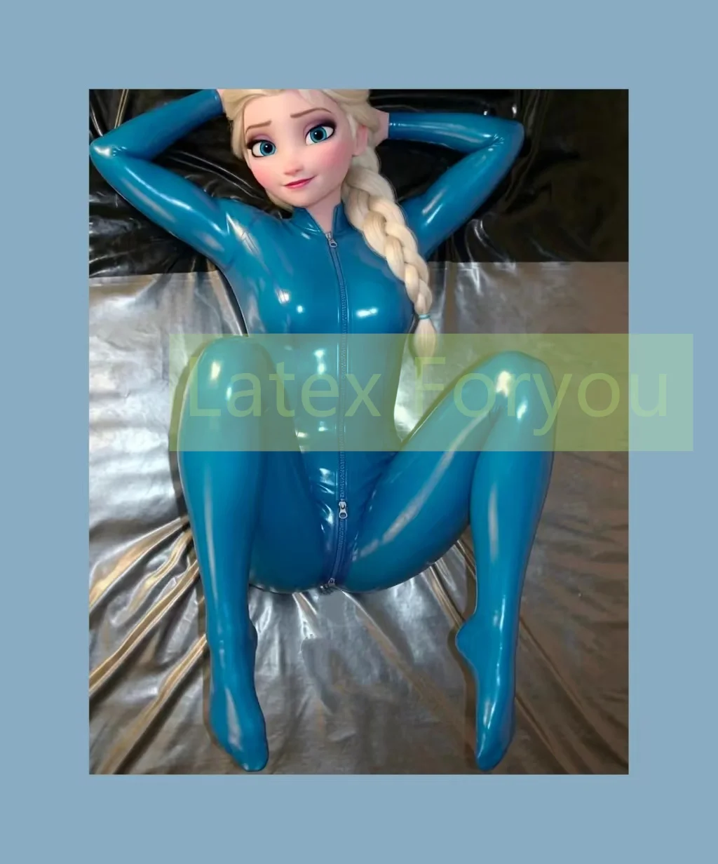 

Handmade Sexy Coverall Bodysuit Latex Cosplay Woman Catsuit Attached Socks Rubber Basic Bodysuit Front to Crotch Zipper