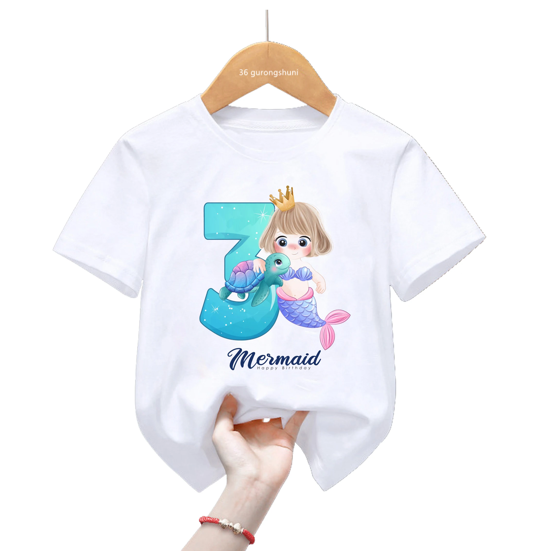 Camiseta de sirena con número 1-9 para niños y niñas, camiseta de feliz cumpleaños con nombre personalizado, ropa para niños, camisetas de manga corta