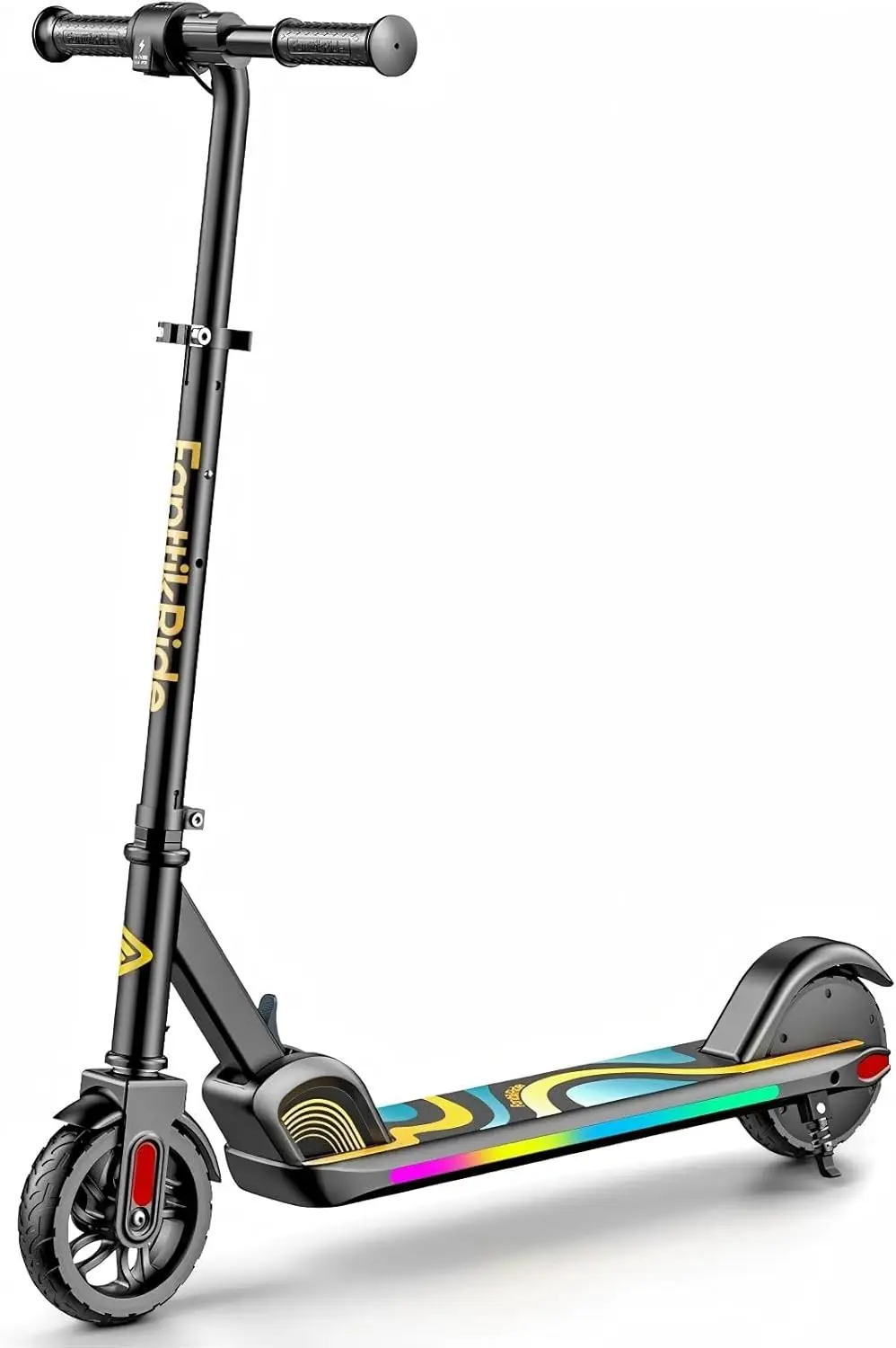 

Kids Electric Scooter Ages 8-12, 5 Miles Range, 40 min Ride, 3 Speeds, Adjustable Height, Rainbow Lights