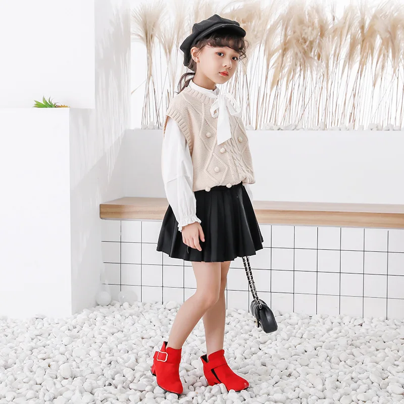 Girls High Heel British Style Princess Shoes New Children Solid Color Short Boots Kids Buckle Ankle Strap Velcro Fashion Boots