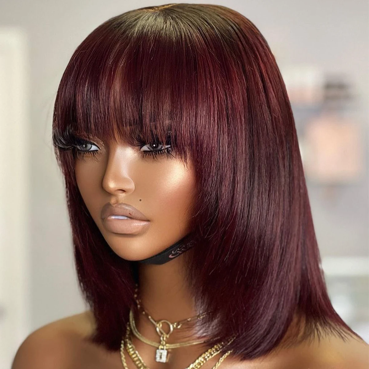 Short Bob Wig Layered with Bangs Straight Human Hair Bob with Bangs 400 Density Wig Human Hair Straight 99j Bob Wig For Women