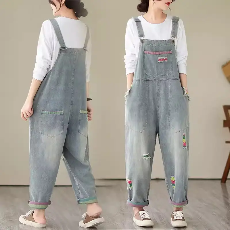 

Retro Ripped Denim Overalls For Women 2024 Autumn Korean Loose Stylish Suspender Jumpsuit Casual Worn Vintage Jeans Pants K1947
