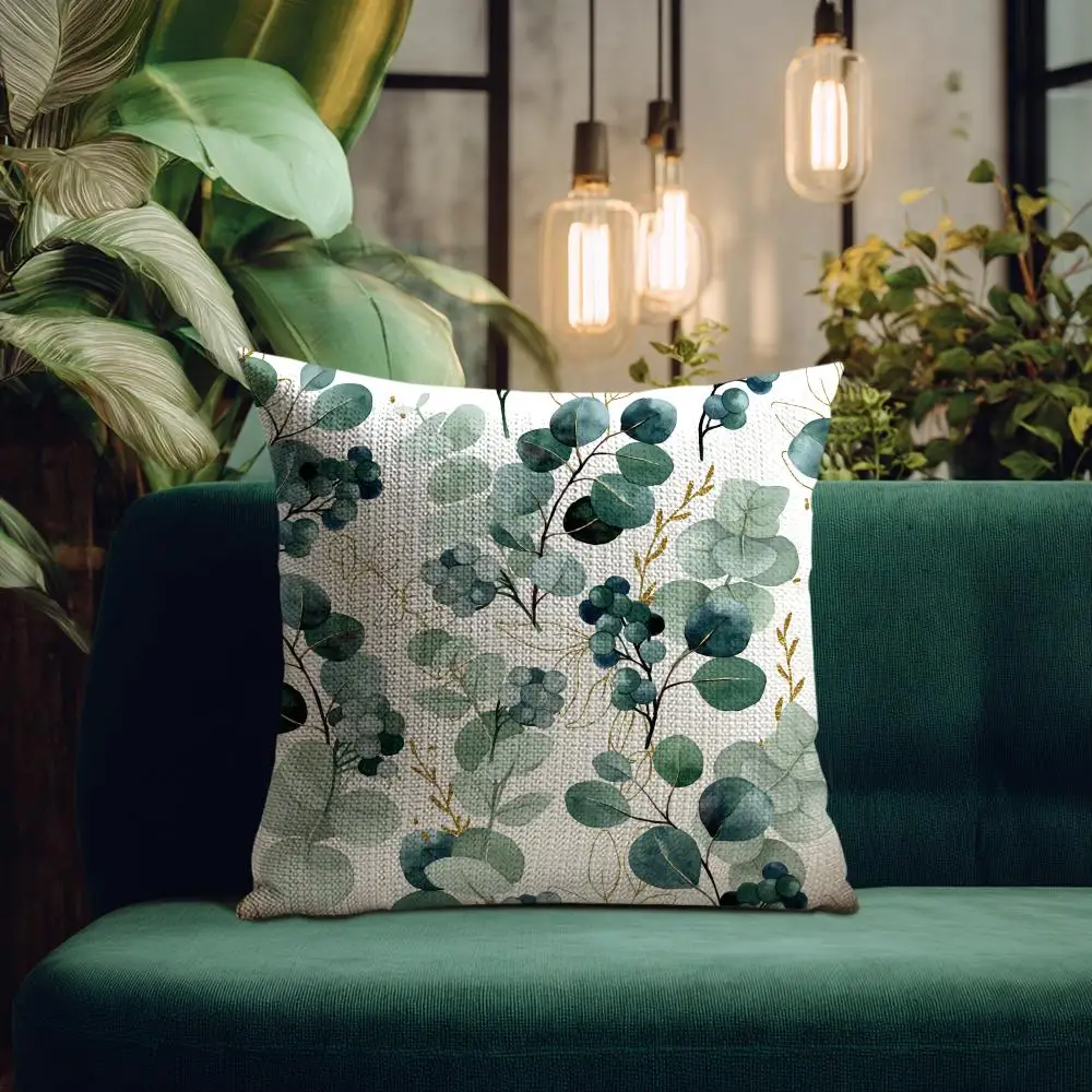 Watercolor Eucalyptus Flowers Cushion Cover Natural Linen Organic Fabric Double-Sided Printing Breathable Perfect for Home Decor