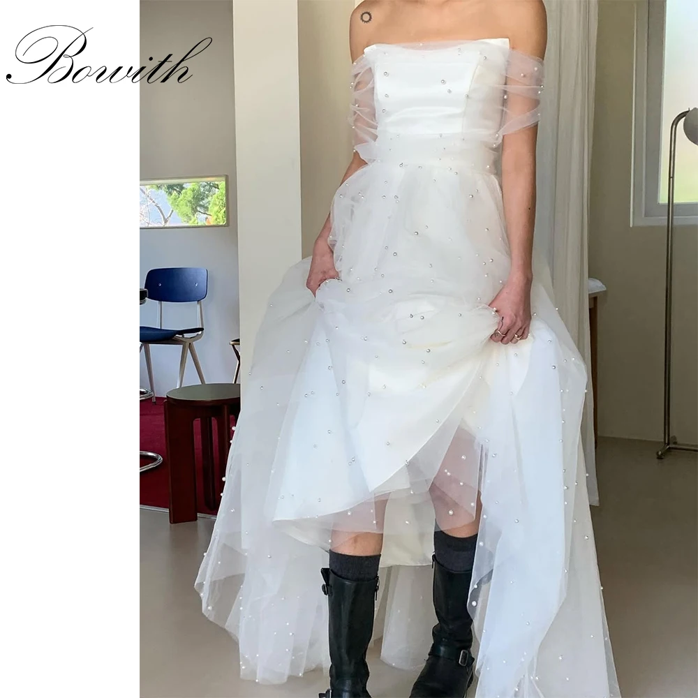 

Bowith Korean Wedding Dresses with Shawl Customzied Off the Shoulder Pearl Tulle Bridal Gown Elegant Wedding Snap Dresses