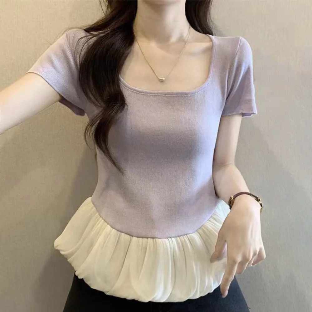 

Fashion Short Sleeve Summer Knitted T-Shirt Slim Fit U-neck Sweet Crop Tops Korean Style Patchwork Mesh Ruffle T-Shirt Girls