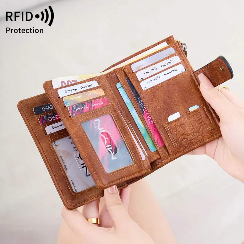 Western  RFID Blocking PU Leather Leopard Short Women Wallet Large Capacity Multi Card Slots Coin Purse for Ladies