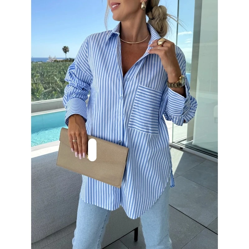 

S-XXL Women's Fashion Collar Long Sleeve Casual Stripe Printed Comfortable Versatile Shirt