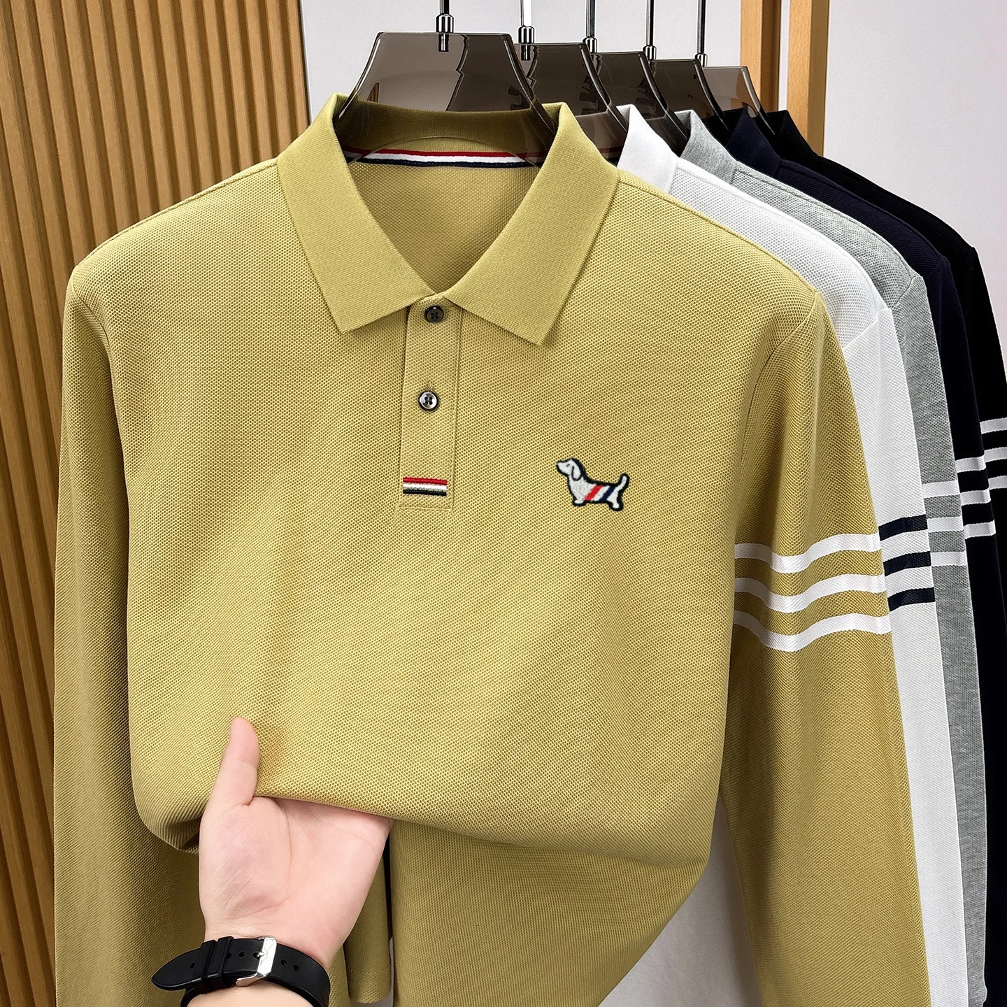 Hochwertige 100% Baumwolle Langärmel Polo Shirt Mode Marke Männer neue Cartoon Welpen Stickerei Komfort Herbst Casual Streifen T-Shirt – Detail 12