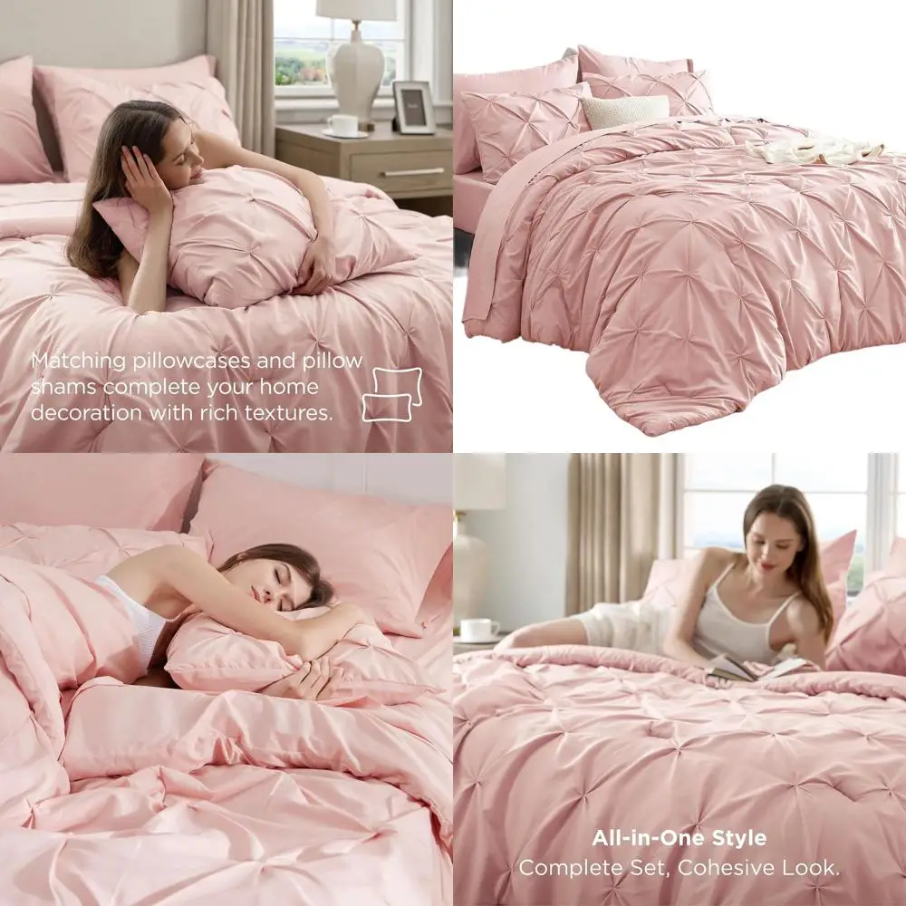 

Розовый комплект постельного белья размера Queen из 7 предметов: всесезонное одеяло, простыни, наволочки и декоративные наволочки.