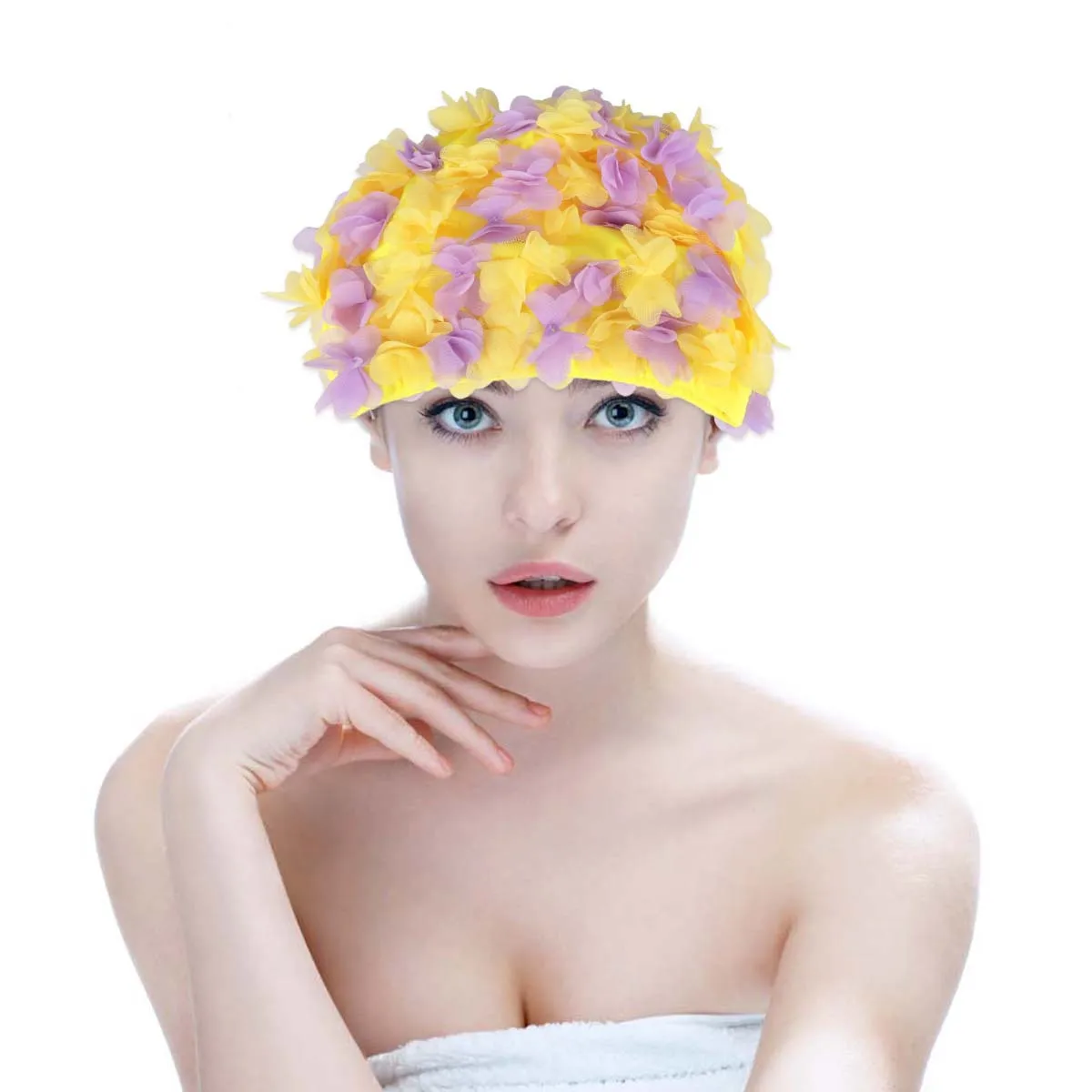 1 قطعة قبعة السباحة زهرة المرأة خفيفة الوزن ثلاثية الأبعاد الأزهار حماية الأذن قبعة السباحة مريحة موضة حمام سباحة الشاطئ الأصفر الأرجواني